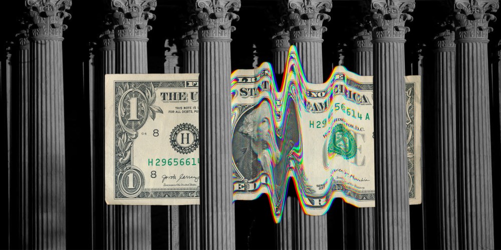 Photo illustration: A glitched dollar bill passing through pillars of the Supreme Court of the United States.