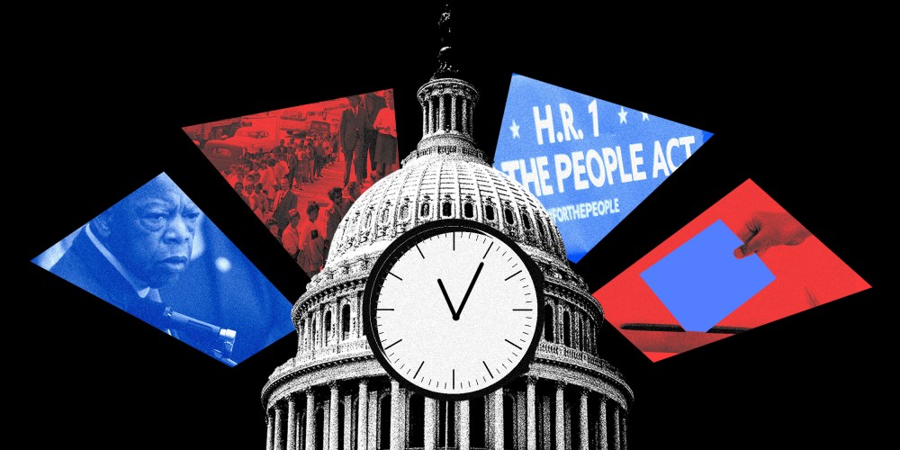 Photo illustration: A clock on the U.S. Capitol dome, surrounded by pieces that show John Lewis, voters in a line, text that reads,"HR1 for the people act", and a hand holding a ballot.