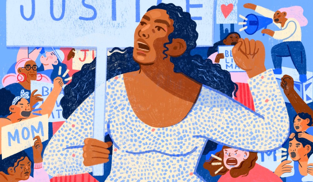 Illustration of diverse women, both young and old and holding children, in protest with signs and bullhorns.