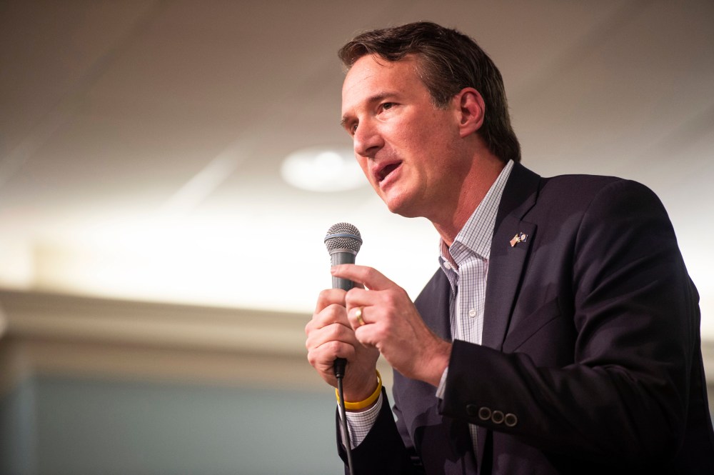 Glenn Youngkin makes his closing remarks during a GOP gubernatorial candidate forum in Lynchburg, Va., on April 19, 2021.