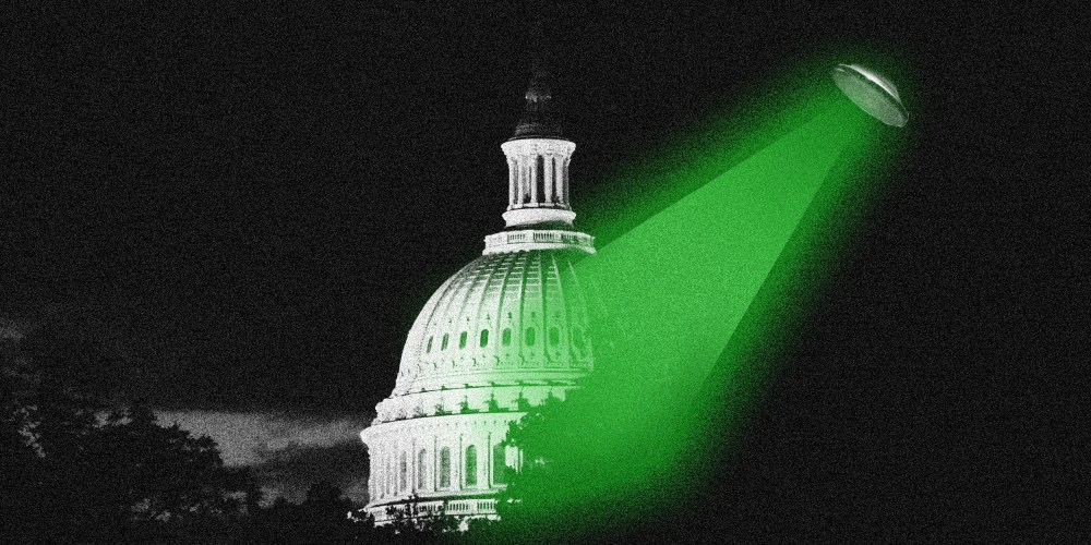 Photo illustration: An unidentified flying object throws green colored spotlight over the U.S. Capitol dome.
