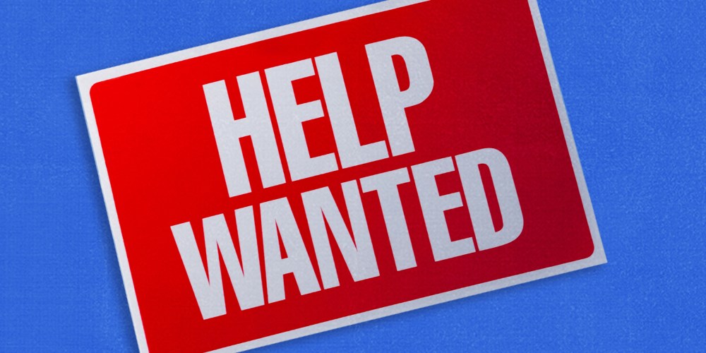 Photo illustration: A titled "Help Wanted" sign on a blue background.