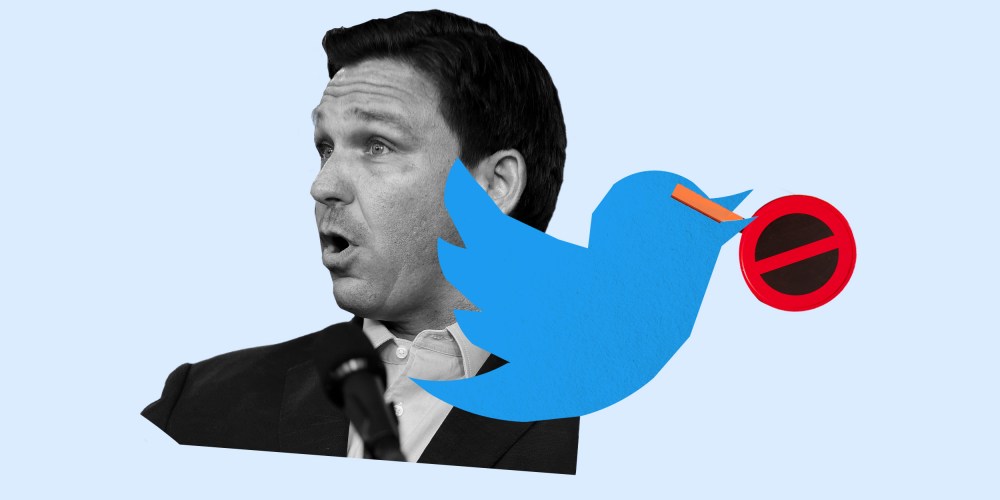 Photo illustration: Florida Governor, Ron DeSantis and the Twitter logo holding a stop sign.
