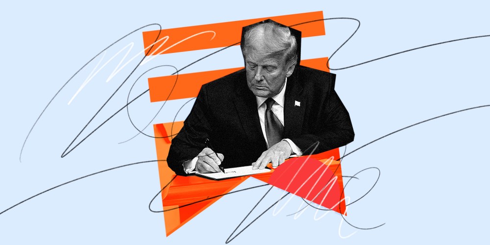 Photo illustration: Former President Donal Trump writing surrounded with scribbles and the Substack logo in the background.