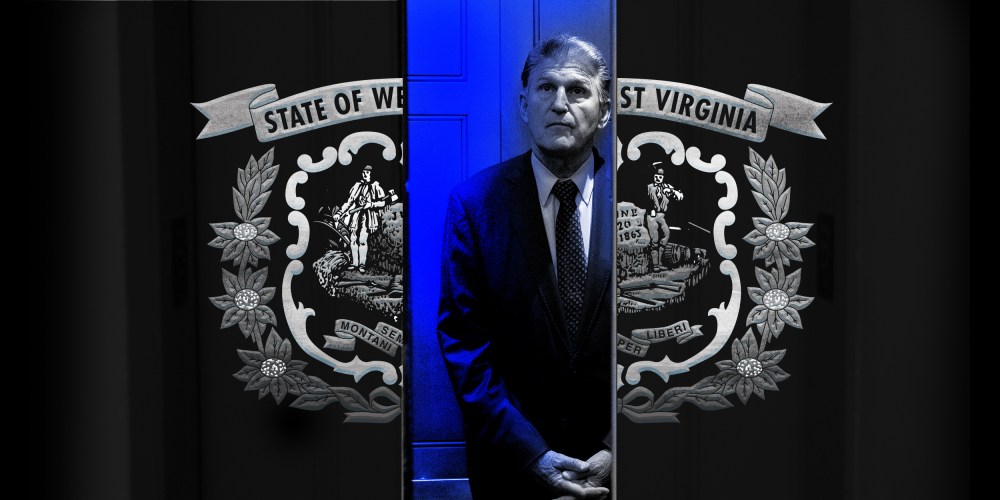 Photo illustration: Senator Joe Manchin stands in an elevator whose doors have the engraving of the West Viriginia state flag.