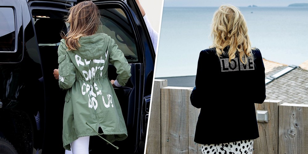 Then-First Lady Melania Trump on June 21, 2018 at Joint Base Andrews, Md., and First Lady Jill Biden, at Carbis Bay, in Cornwall, England on June 10, 2021.
