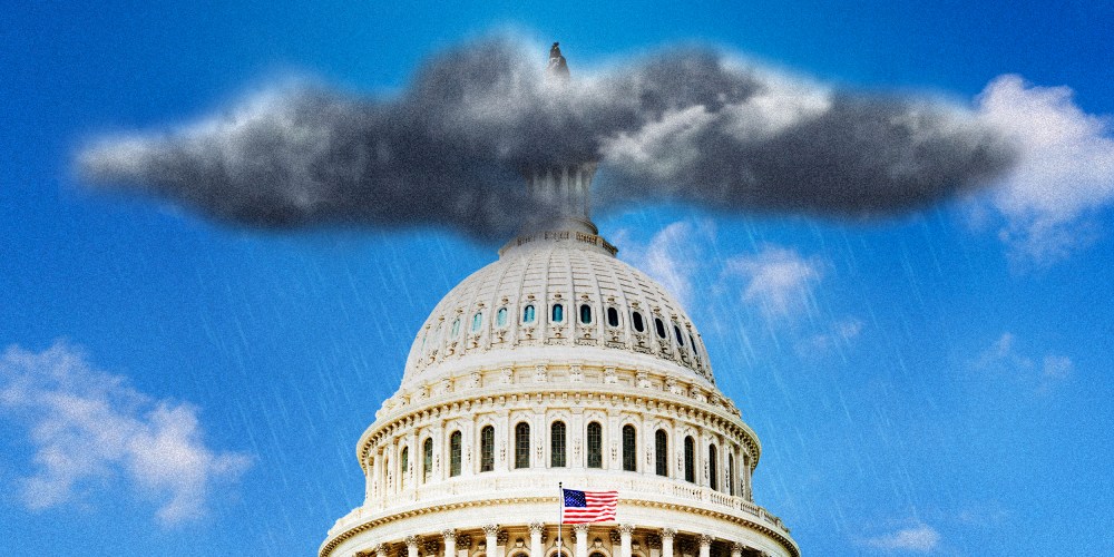 Photo illustration of a dark, stormy rain cloud over the Capitol in Washington.