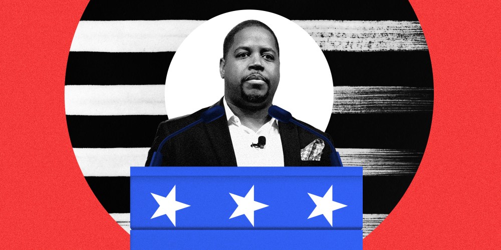 Photo illustration: Dr. Chris Jones behind a blue podium.