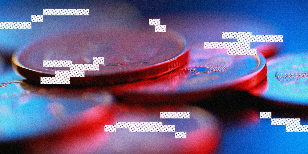 Photo illustration: Image of Russian rubles with white glitches over it.