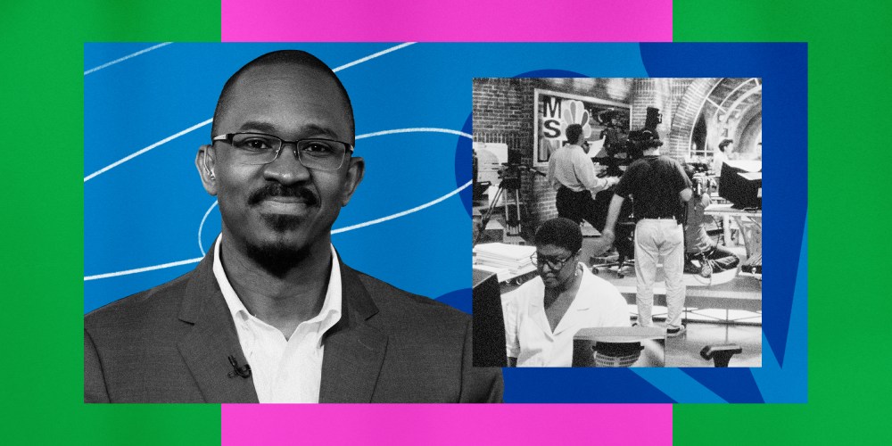 Illustration of MSNBC host Joshua Johnson and a MSNBC newsroom in 1996.