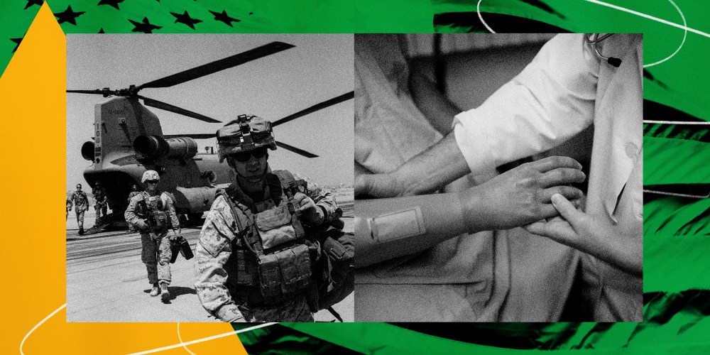 Illustration of American troops in Afghanistan and a wounded veteran's prosthetic arm being held by a doctor.
