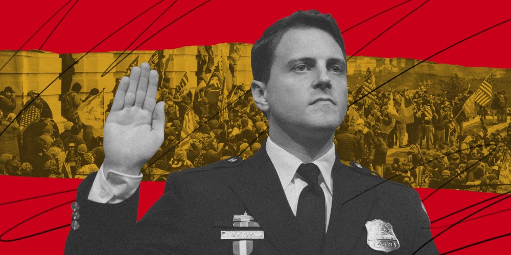 Illustration of DC Metropolitan Police Department officer Daniel Hodges and a scene of rioters at the Capitol on Jan. 6, 2021.