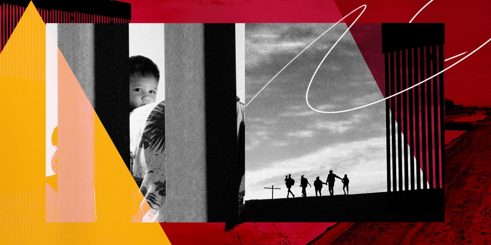 Illustration of a young child behind the border fence separating the U.S. and Mexico and a group of migrants crossing the border fence.