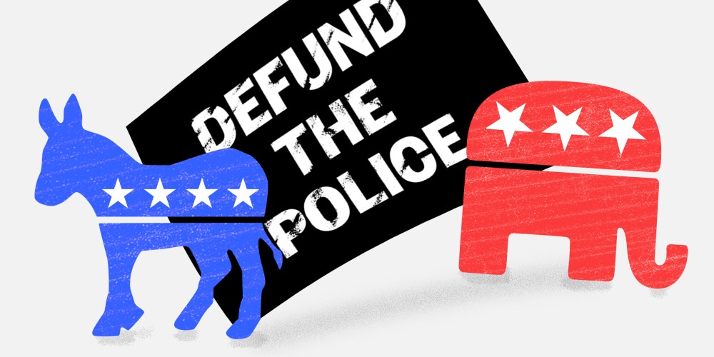 Illustration:  The Democratic donkey and Republican party elephant face away from each other against a sign that reads,"Defund the police" in the background.