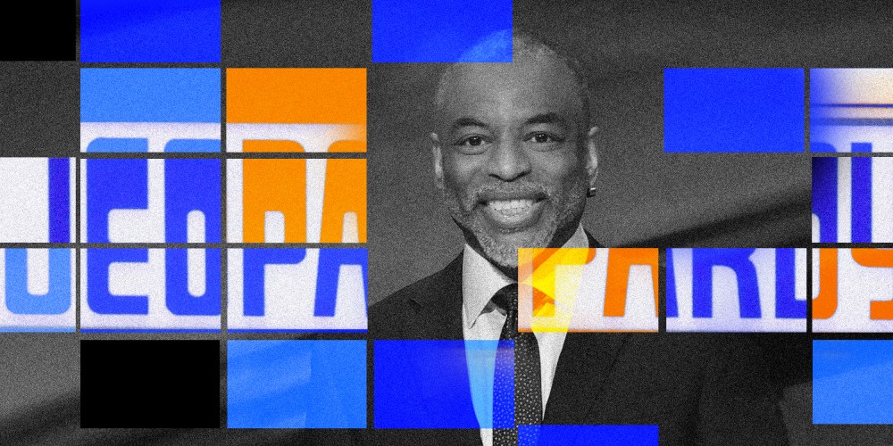 Photo illustration: Blue and yellow tiles mosaic reveal the Jeopardy logo over an image of of LeVar Burton.