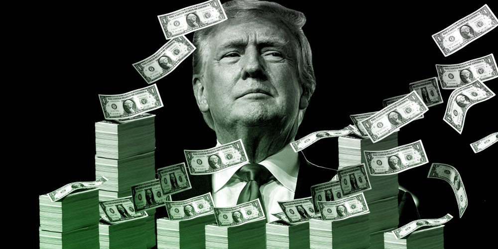 Photo illustration: Donald Trump surrounded by piles of money.