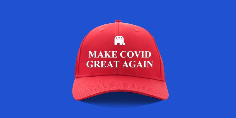 Photo illustration: A red cap that reads,"Make Covid Great Again" with the Republican party elephant above it.
