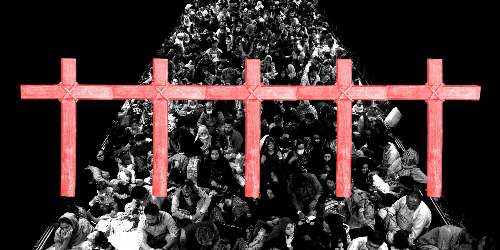 Photo illustration: A fence made of crosses over an image of evacuees from Afghanistan sitting inside a military aircraft.