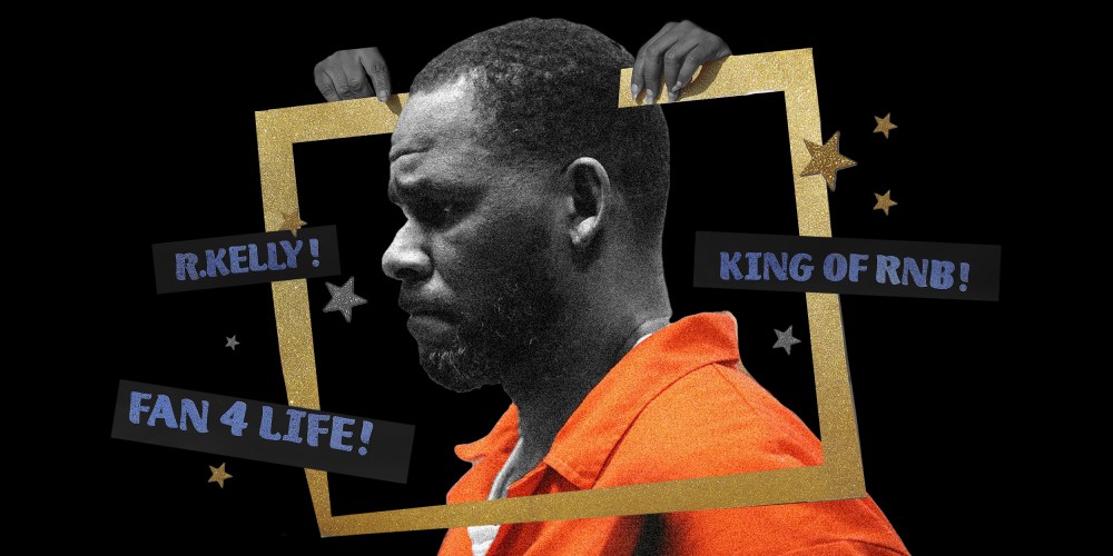 Photo illustration: Profile of R. Kelly in an orange jumpsuit. two hands hold a cut out golden frame around him with stars and paper pieces that read,"R.Kelly!","Fan 4 Lyf!" and "King of RNB!"