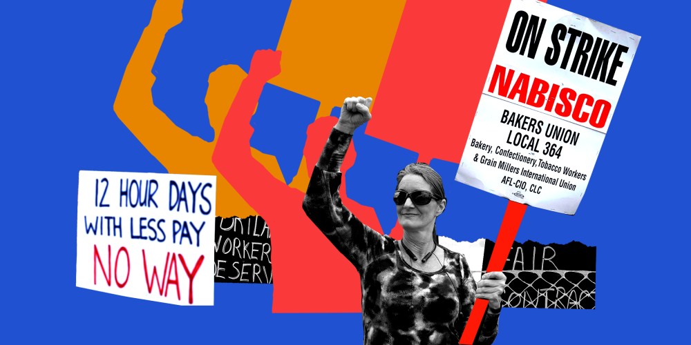 Photo illustartion: A protestor holding a sign that reads,"On Strike Nabisco, Bakers Union Local 364". Another sign to the left reads,"12 hours a day with less pay, no way."