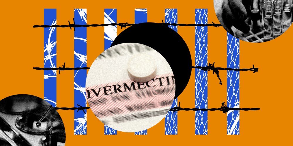 Photo illustration: Circles showing vials and test tubes, an ivermectin tablet over bars that show a prison fence.