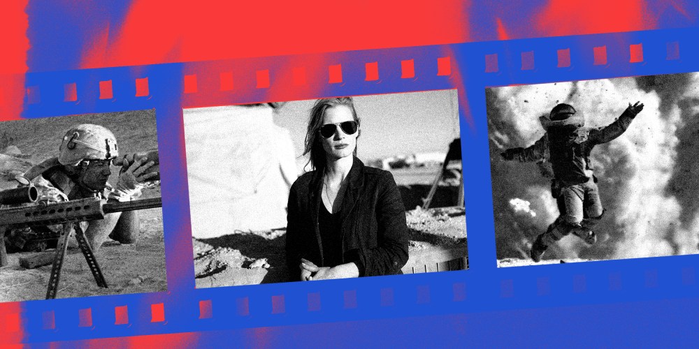 Photo illustration: A blue and red film reel showing stills from the movies, "The Hurt Locker" and "Zero Dark Thirty".