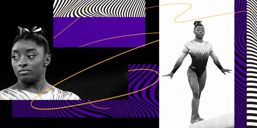 Illustration of Simone Biles competing at the Olympics in Tokyo.