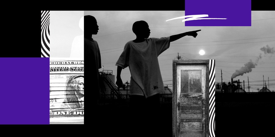 Photo illustration: Images of a part of a shredded dollar bill, a run down door, two boys along a canal next to an oil refinery in West Port Arthur, Texas.
