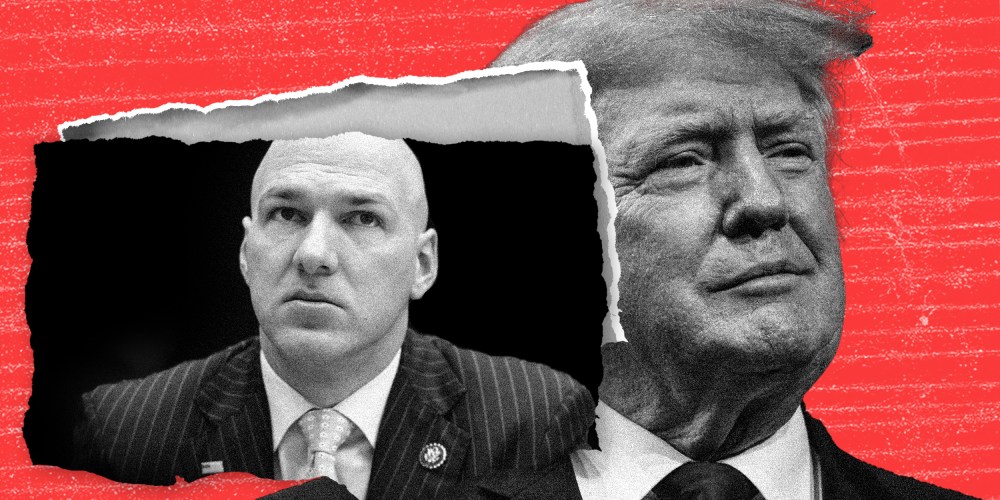 Photo illustration: A piece of paper with an image of Anthony Gonzalez torn out of a paper with the image of Donald Trump.