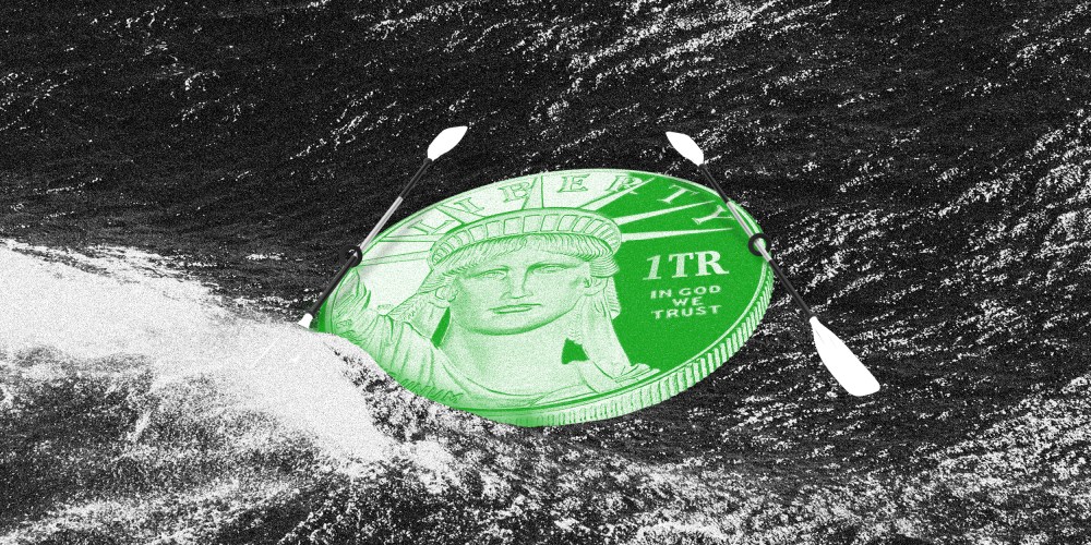 Photo illustration: Waves crashing into a coin which has paddles on both sides. The coin reads,"Liberty", "1TR", and "In God We Trust".