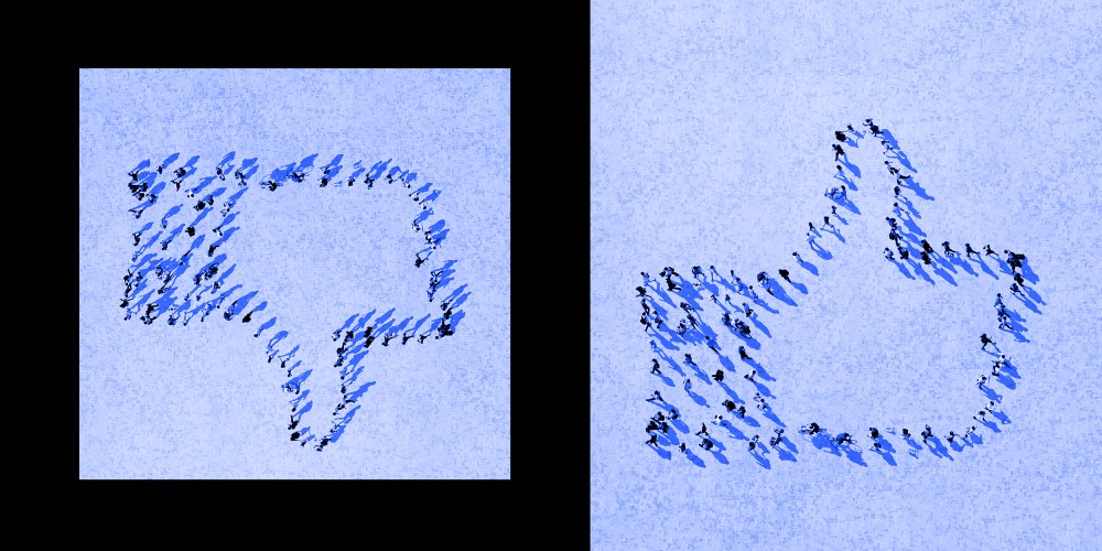 Photo illustration: A thumbs up sign and thumbs down sign made up of people walking.