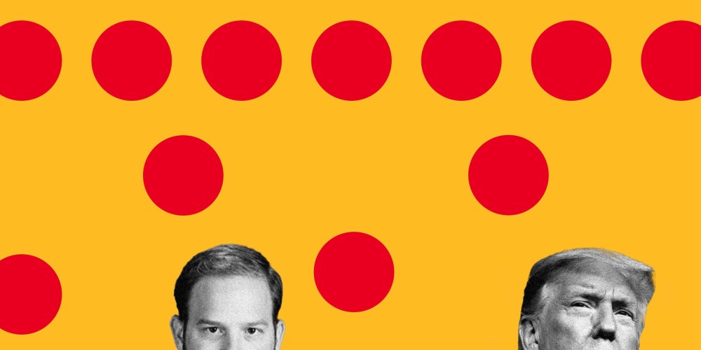 Illustration of Donald Trump and Ryan Williams of the Claremont Institute with red circles.