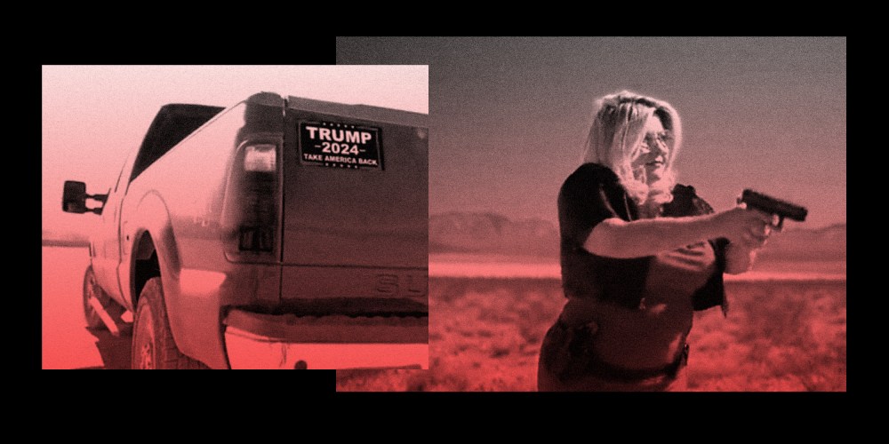 Images: A sticker on the back of a truck reads," Trump 2024. Take America Back" and a woman holding a gun.