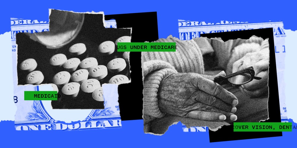 Photo illustration: Pieces of a paper showing pills and an elderly person's hand holding a pair glasses, green strips show pieces of text that read,"medicaid","medicare" and "vision, dental".