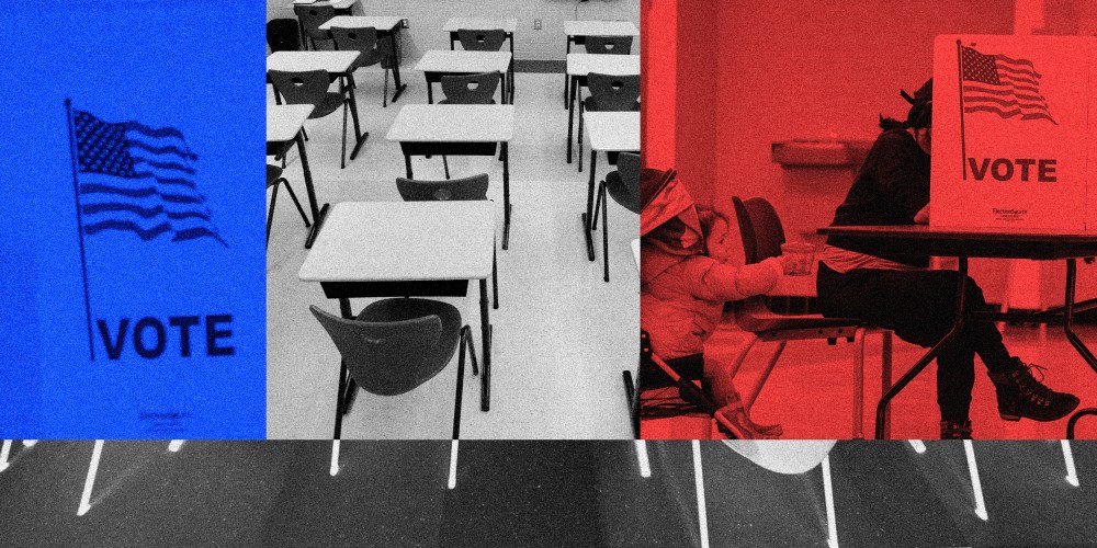 Photo illustration: A blue block showing a voting booth, an empty classroom with rows of desks and a red block with a mother voting next to her child in a stroller.
