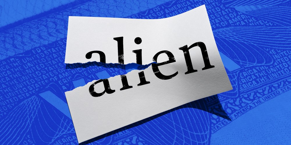 Photo illustration: A half ripped paper with the word "alien" on it.