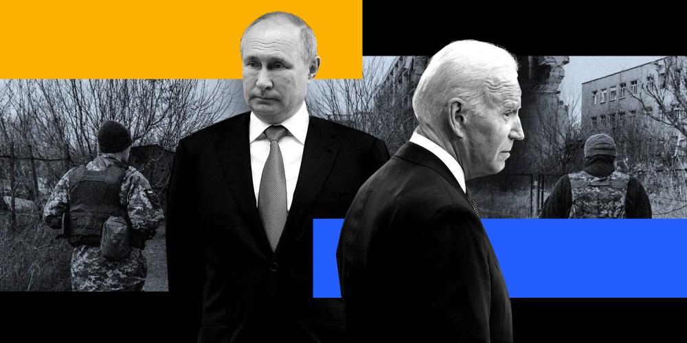 Photo illustration: Images of Vladimir Putin and Joe Biden looking in different directions against an image of soldiers walking past destroyed buildings in Ukraine.