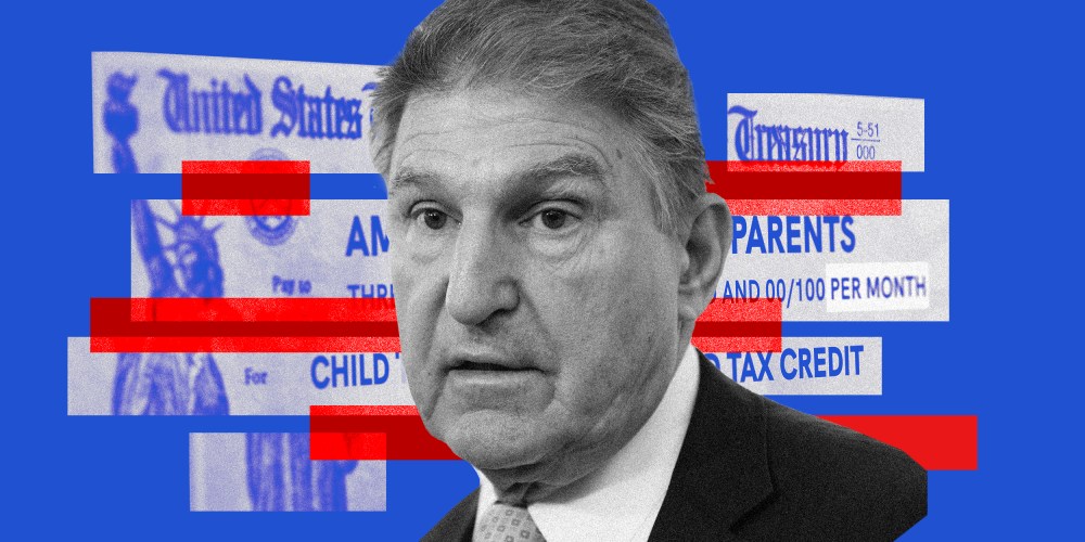 Photo illustration: Joe Manchin against a sliced and taped cheque that shows parts of text that read," US State Treasury, Parents, Child Tac Credit".
