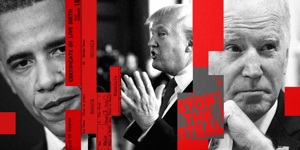 Photo illustration: Red colored strips over an images of Barack Obama, Donald Trump and Joe Biden show parts of a document that read,"State of Hawaii. Certificate of Live Birth." to the left and "Stop the Steal" to the right.