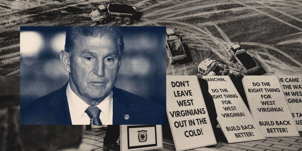 Photo illustration of Sen. Joe Manchin, D-W.Va., and trucks carrying coal, and protesters asking for Manchin to help pass the "Build Back Better" bill.