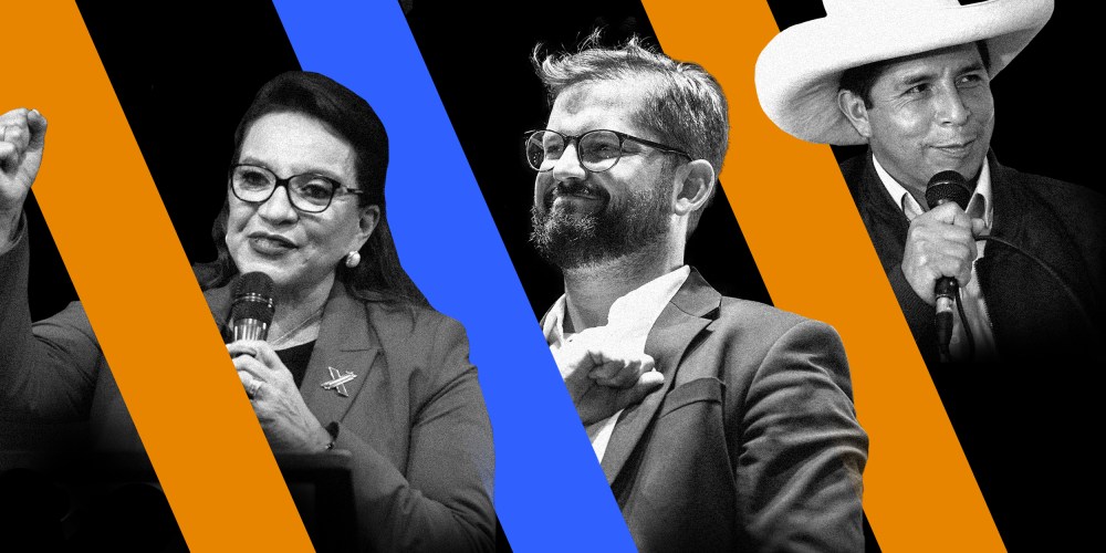 Photo Illustration: Xiomara Castro, Gabriel Boric, and  Pedro Castillo.