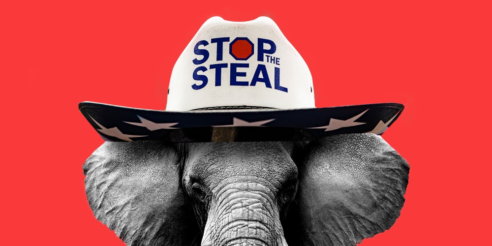 Photo illustration: A elephant wearing a hat that reads,"Stop the Steal".