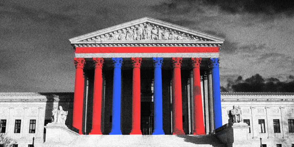 Photo illustration: Five pillars of the U.S. Supreme Court and the strip above are colored red and three pillars are blue.