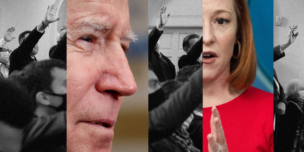 Photo collage: Image of reporters raise their hands during a news conference in the Brady Press Briefing Room at the White House interspersed with close-up images of Joe Biden and Jen Psaki.