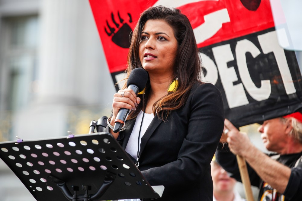 Mona Shaikh speaks at the Women's March in San Francisco on Jan. 19, 2019.