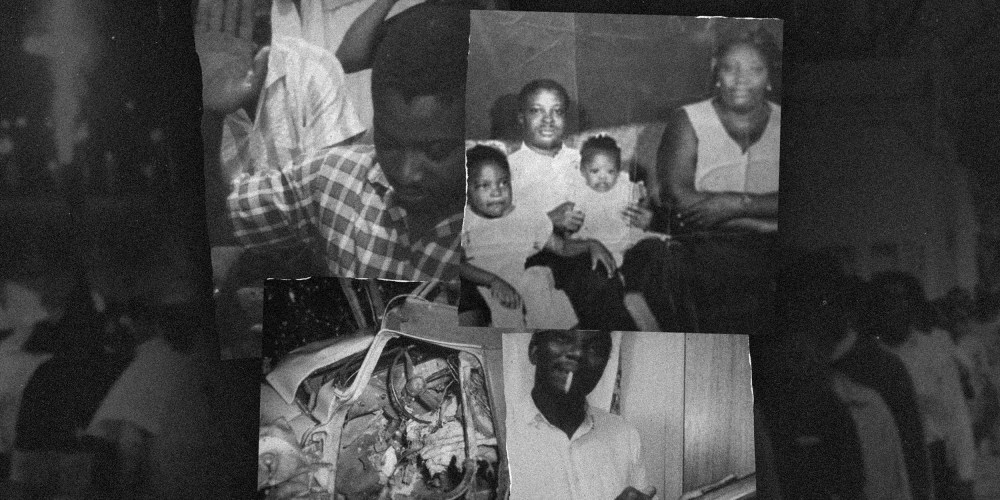 Photo collage: Images of a Wharlest Jackson Sr, Wharlest Jackson Sr's family, Wharlest Jackson Sr's mangled truck, and James Jackson against an image of background.