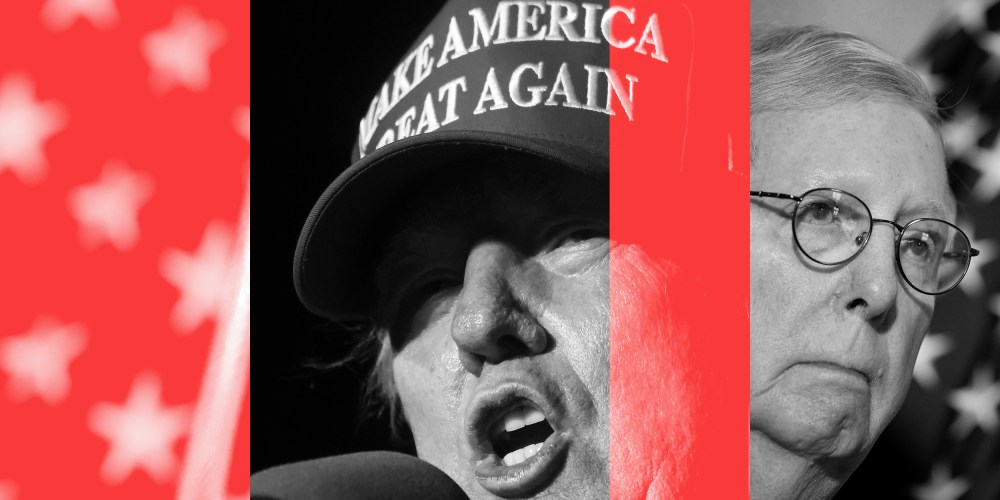 Photo illustration: Image of the Donald Trump speaking with a hat on that reads,"Make America Great Again" and an image of Mitch McConnell.