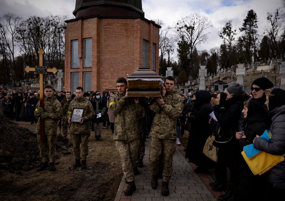 Image: A funeral service for two Ukrainian soldiers in Lviv on March 8, 2022.