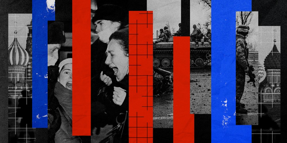 Photo illustration of Russian protestors against the war in Ukraine being arrested, scenes in Moscow, and Ukrainian soldiers in a tank.