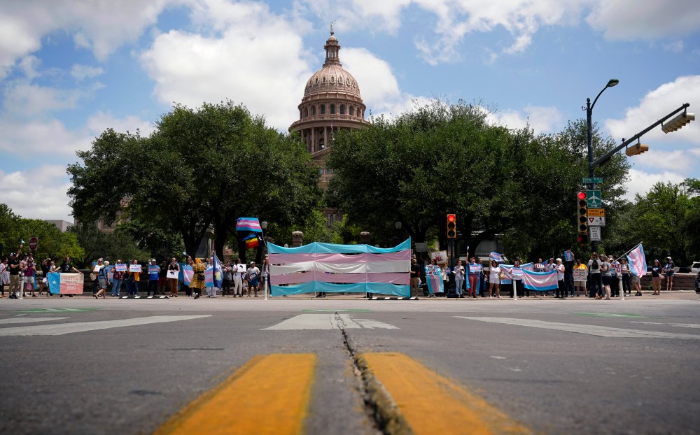 Image: Demonstrators gather at the Texas State Capitol to protest legislation limiting the rights of transgender people in Austin in 2021.